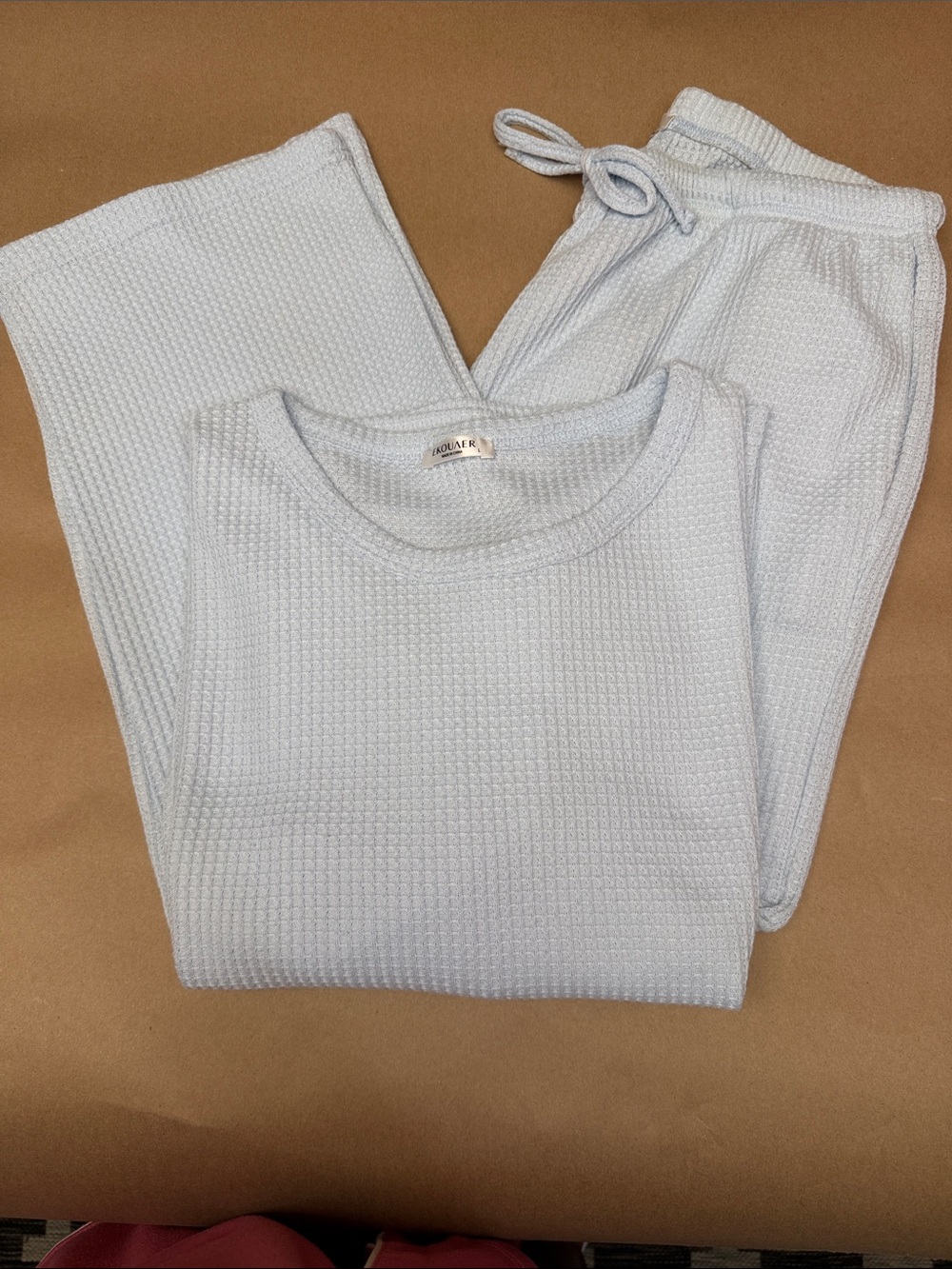 Cozy Light Blue Waffle-Knit Pajama Set with Drawstring Waist